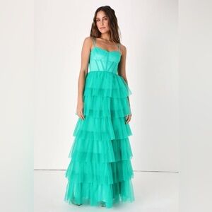 Teal Corset Style Tulle Ruffle Formal Prom Maxi Dress